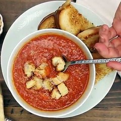 RECIPE ➡️ Nothing says childhood like homemade tomato soup, especially when its topped with grilled cheese croutons!