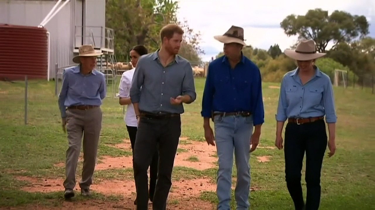 Prince Harry and Meghan feed cows at drought-hi...