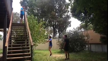 do the keepy uppy stairs challenge then volley the ball between forks in a tre