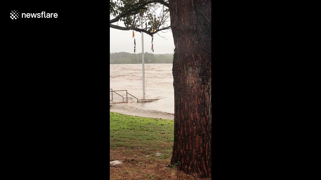 Footage shows broken parts of bridge floating in flooded Texas river