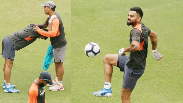 India VS West Indies 1st ODI: Indian Team enjoys with football in practice session | वनइंडिया हिंदी