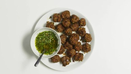 Sheet Pan Beef Meatballs with Salsa Verde