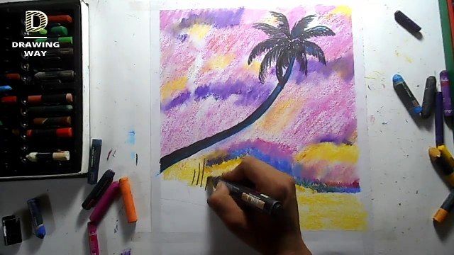 How to draw coconut trees scenery with oil pastels step by step ( 266 )