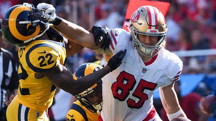 George Kittle carries Troy Hill for 8 yards after contact