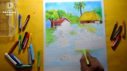How to draw scenery of flood step by step with oil pastel (285)