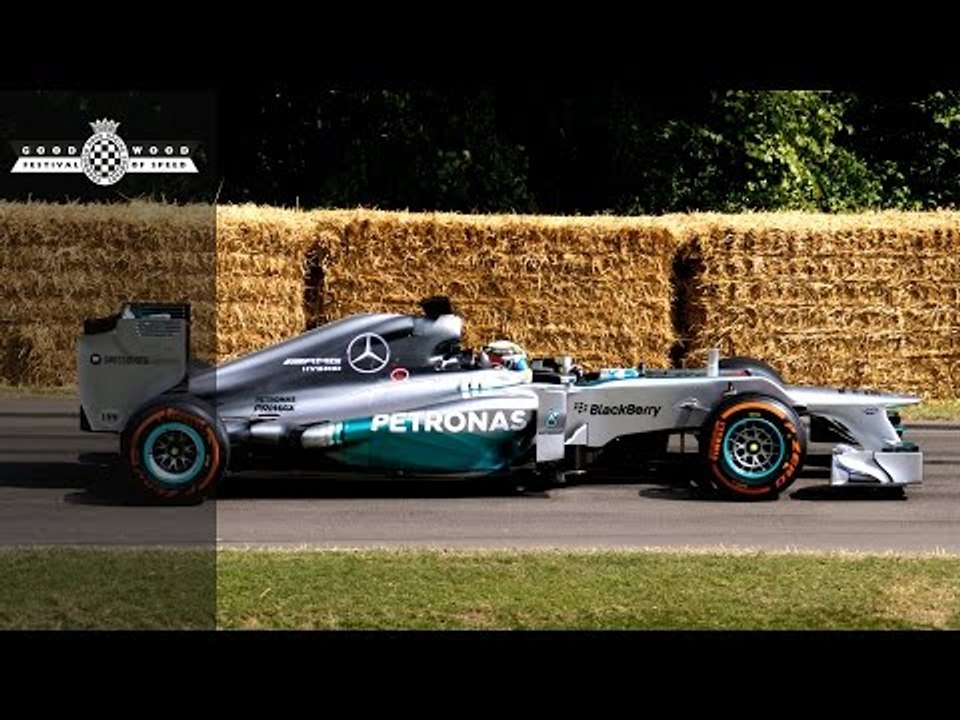Lewis Hamilton's Mercedes F1 car flat-out at Goodwood
