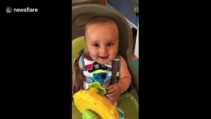 Adorable baby yelps in fright, laughs after dad scares him