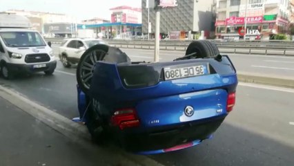 Lüks otomobil takla atıp yan yola uçtu