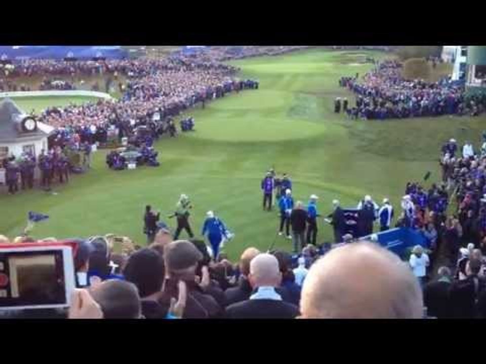 Justin Rose and Henrik Stenson arrive on the 1st tee at the Ryder Cup- Today's Golfer