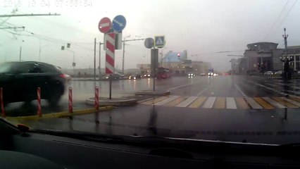 Red Bus Collides with Audi Sedan