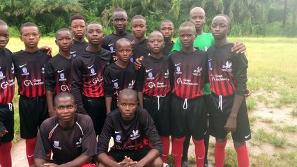 The U-14 team demonstrating appreciation to Daten FC from England which donated the football kits they are in the video.