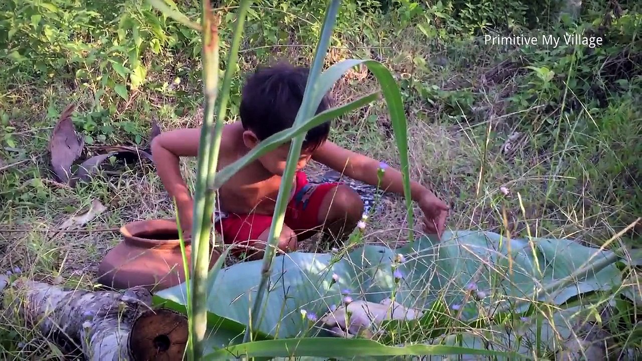 Primitive My Village - Cooking chicken with coconut in forest and Eating delicious