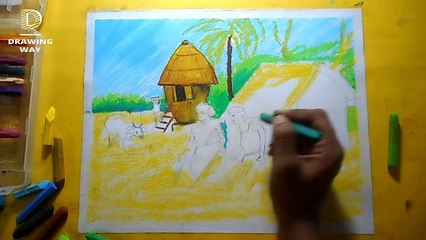 Farmer scenery drawing _ Oil Pastel (ধান থেকে চাল বের করছে) ( 312 )