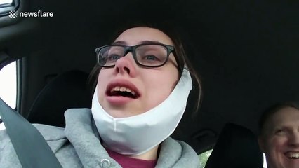 Girl ecstatic at seeing dog after wisdom tooth operation