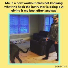Me in a new workout class not knowing what the heck the instructor is doing but giving my best effort anyway