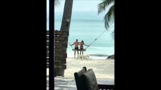 Ce couple fait de la balançoire sur une plage paradisiaque... Enfin presque
