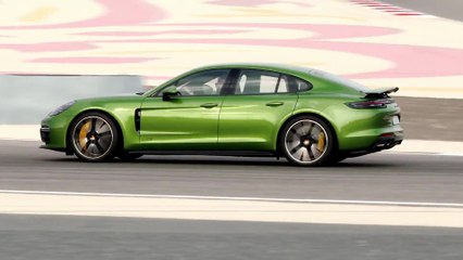 Porsche Panamera GTS in Mamba Green Metallic Driving on the track
