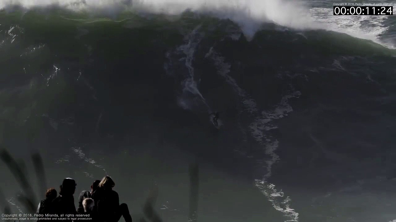 Le Surfeur Russell Bierke se fait engloutir par une énorme vague (Nazaré)