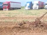 Vieux tracteurs sur fond de camions decorés