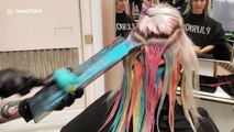 Hairdresser uses paint rollers to give clients' hair a rainbow hue