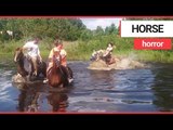 Frightening moment horse fall on woman in pond | SWNS TV