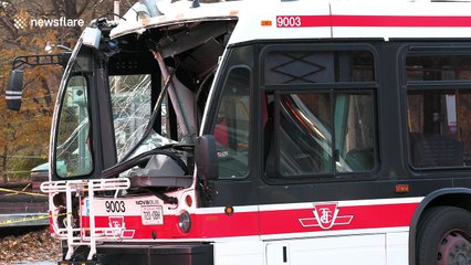 Toronto utility worker has close call cutting power lines after bus crash