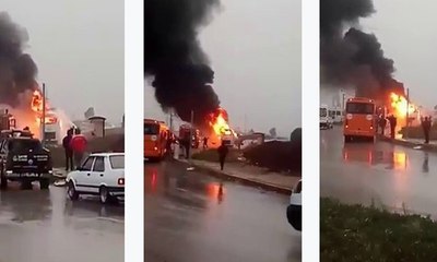 İşçileri taşıyan servis aracı yandı