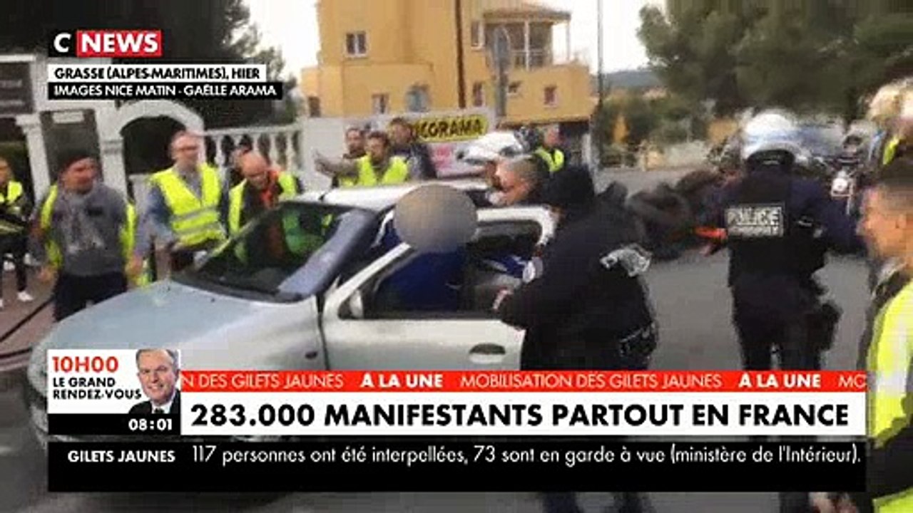 Gilets jaunes : Les images d'une interpellation musclée à Grasse quand on voiture fonce sur des policiers - Vidéo