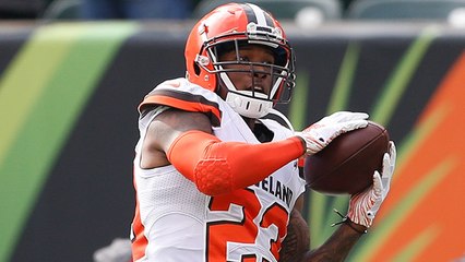 Damarious Randall hands ball to Hue after INT