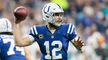 Luck throws sideline dime to Hilton for big gain