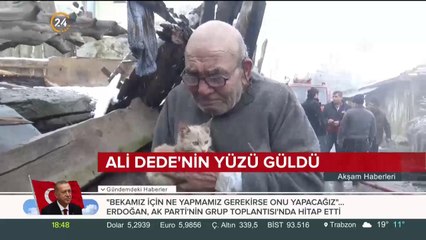 Bolu'da evi yanan Ali dede yeni evinde kedileriyle mutlu