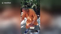 Shaolin monk breaks bricks on tofu