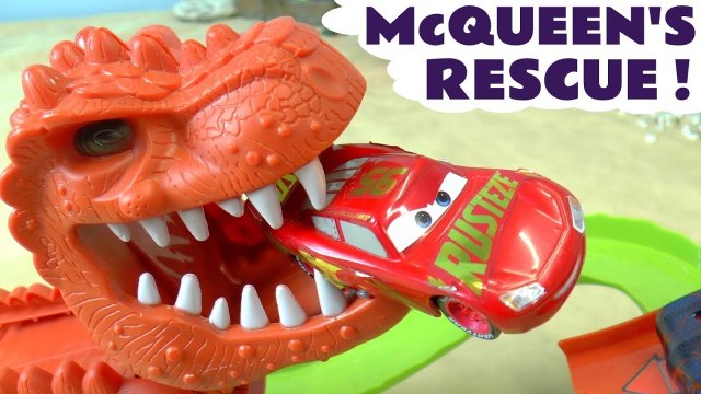 Hot Wheels Superheroes and Disney Pixar Cars 3 McQueen needs rescuing from a Monster Dinosaur - A fun toy story for kids