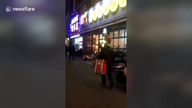 Man strolls down street in eastern Chinese city with dog balanced expertly on his head