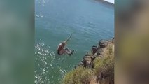 Une fille veut sauter d’une falaise mais change d'avis un peu tard...