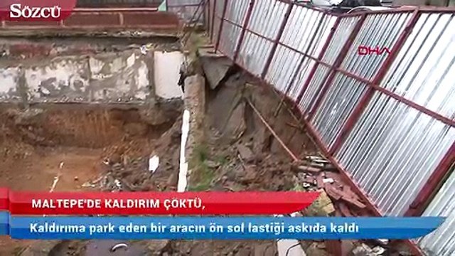 Maltepe’de kaldırım çöktü bir araç askıda kaldı