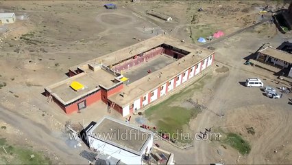 Komic village and monastery in high altitude trans-Himalayan Spiti Himachal Pradesh aerial view