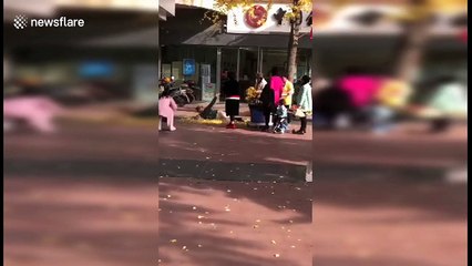 Women toss up piles of fallen leaves for a 'natural photo shoot'