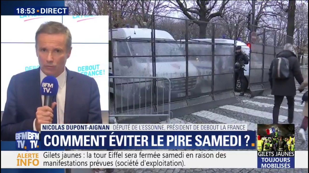 Gilets jaunes: Nicolas Dupont-Aignan demande de "ne pas aller aux Champs-Elysées"