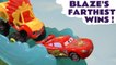 Hot Wheels Blaze Farthest Wins Competition with Disney Pixar Cars 3 Lightning McQueen and Marvel Avengers 4 Superheroes  - A fun toy story race for kids