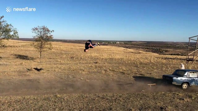 Russian daredevil attempts insane car jump stunt across the seasons