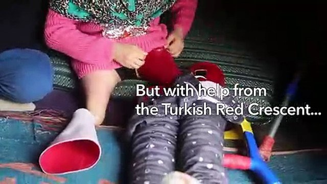 Syrian girl born without legs, walks again on prosthetics