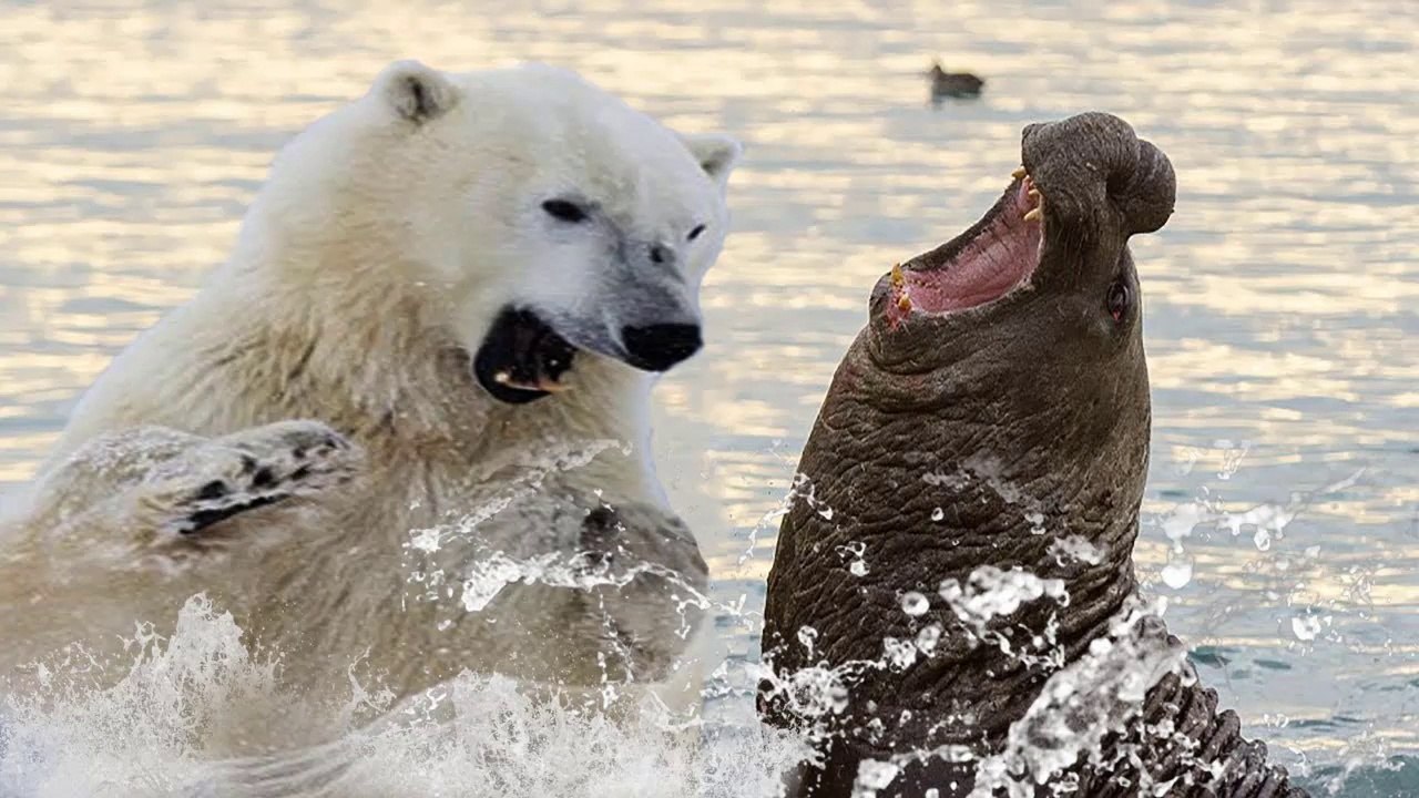 Нападение холодно. Белый медведь охотится на тюленя. Белый медведь охотится.