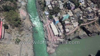 Download Video: Devprayag confluence of Alaknanda and Bhagirathi to form the Ganges in Uttarakhand Himalaya