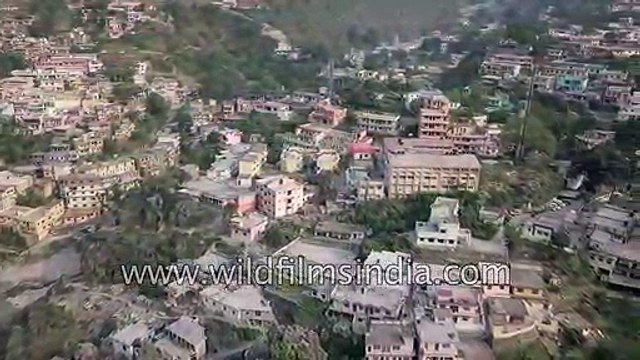 Township at the bank of Alaknanda river in Rudraprayag - Aerial view