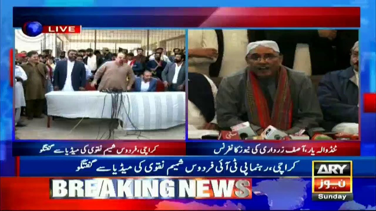 Asif Ali Zardari talks to media in Tandula Yar...