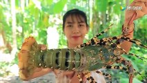 Wilderness girl invites you to eat huge lobster