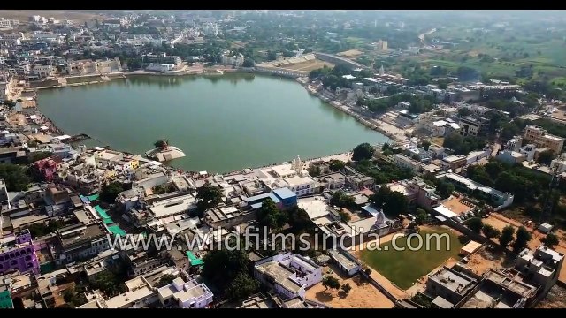 Pushkar town and lake in Rajasthan- fly over camel fair central