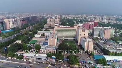 Delhi aerial view of AIIMS, Safdarjung hospital, Ring Road and city