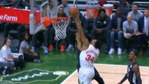 Jarrett Allen continues to protect the paint as he stops Giannis at the rim